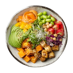 Nutritious buddha bowl with avocado, sweet potato, tofu, edamame, tomatoes, and sprouts, top view, studio shot.
