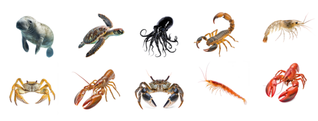 Collection of Manatee exploring Moves slowly through its environment, looking for food or shelter. full length isolate on transparent background