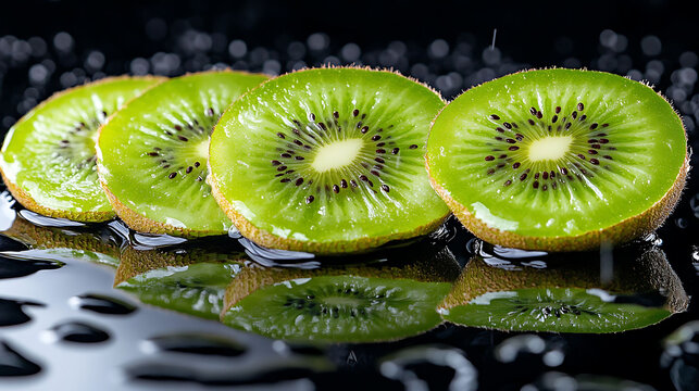 Kiwi slices arranged on a reflective black surface, seeds in high contrast, with condensation forming on both fruit and surface, clean and sharp product look,