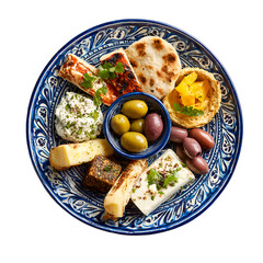Greek meze platter with olives, feta cheese, hummus, and flatbread, overhead studio shot

