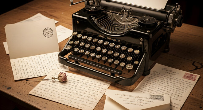 A nostalgic vintage typewriter sits on a wooden desk surrounded by handwritten letters and a delicate rose, evoking memories of classic literature, romance, creativity, and the timeless art of writing