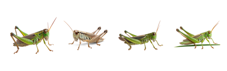 Collection of Grasshopper exploring Moves around searching for food or shelter. full length isolate on transparent background