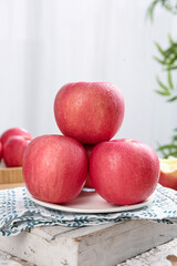 Fresh Red Fuji Apples on White Plate - Healthy Organic Fruit Still Life Photography