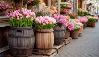 Fototapeta premium Pink tulips in rustic wooden barrels outside a charming flower shop.