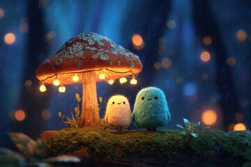 Two cute fluffy creatures under a mushroom with fairy lights in a magical forest at night create a whimsical scene