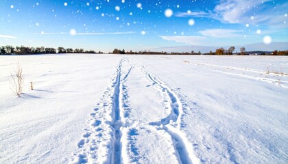 Fototapeta premium Snowy field path under a bright, winter sky, with the focus drawn towards the tire tracks in the foreground leading into the horizon