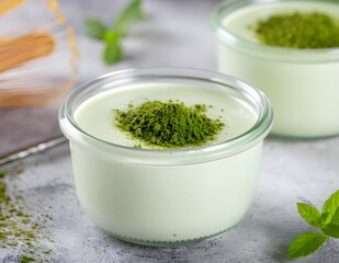 Delicate vegan panna cotta made from coconut milk infused with matcha, served in a glass jar