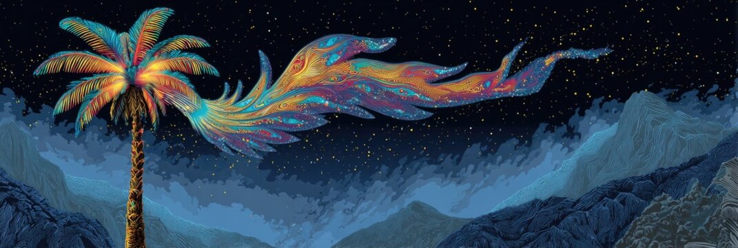 Magical Night Scene with Glowing Palm Tree and Luminous Dragon Spirit.