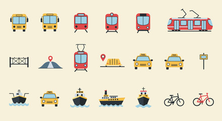 A modern flat design vector illustration depicting a comprehensive set of public transportation icons, perfect for web, mobile apps, or infographic use.