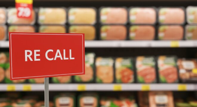 Red recall sign alerts customers to unsafe products on grocery shelves
