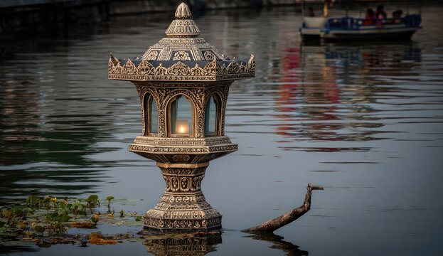 Ornate lantern floats on still water, intricate carvings, candlelight glow - Powered by Adobe