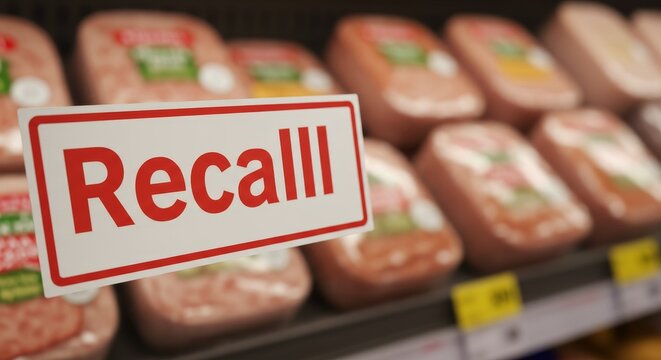 Product recall sign on a shelf of meat products in a grocery store