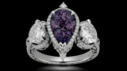 Elegant pear-shaped amethyst ring with diamond accents