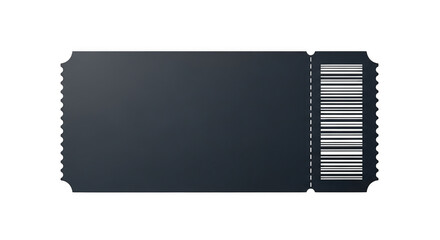 A blank black ticket with a perforated edge and barcode on a transparent background