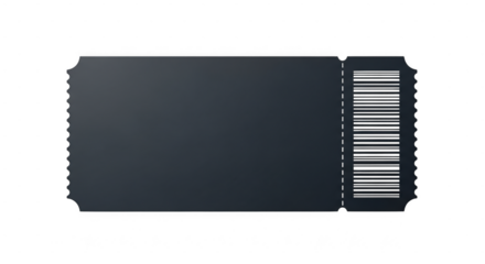 A blank black ticket with a perforated edge and barcode on a transparent background