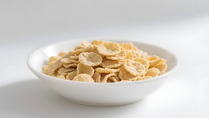 Whole grain corn flakes in a white bowl on a white background. Fitness breakfast.