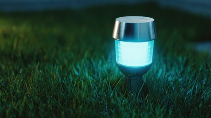 Modern LED landscape light with blue glow in green grass, ideal for outdoor decoration and ambiance enhancement at night