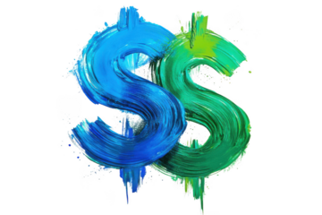 Abstract dollar sign symbol in blue and green paint splatter style finance icon illustration isolated on transparent background