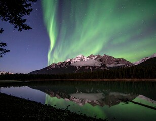Aurora borealis over snow-capped mountains reflected in a tranquil lake