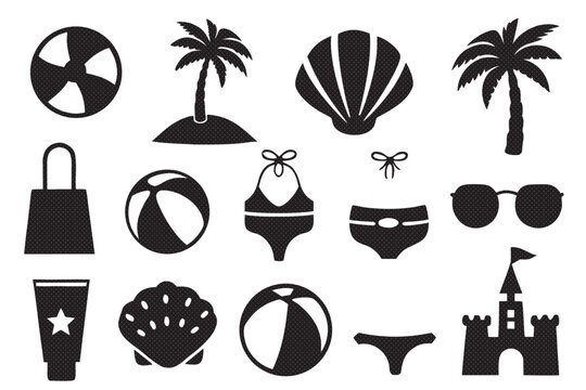 Collection of beach themed silhouettes, including swimwear, sunglasses, and sandcastle