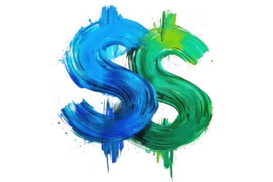 Abstract dollar sign symbol in blue and green paint splatter style finance icon illustration isolated on transparent background