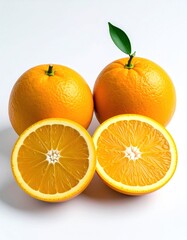 Two whole oranges and two halved oranges, one with a leaf, against a plain white background, highlighting the vivid colors and textures