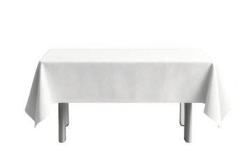 High resolution white tablecloth on table mockup, fabric tablecloth, linen tablecloth, textile tablecloth, isolated on transparent background