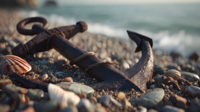 Rusty anchor resting on a pebbly beach with seashells and gentle ocean waves in the background at sunset
