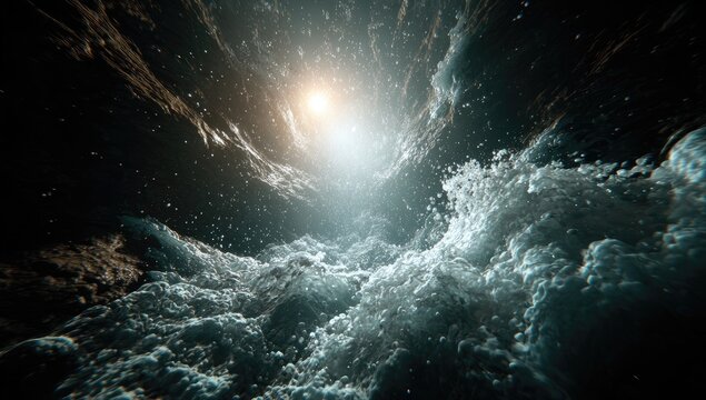 Dramatic Underwater Scene Sunlight Breaking Through Crashing Ocean Waves.
