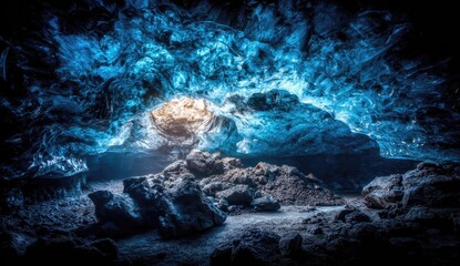 Obraz premium Ice cave interior, vibrant blue ice formations, sunlight filtering in