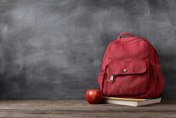Red backpack rests atop books, accompanied by a shiny red apple on a weathered wooden desk against a textured, dark grey chalkboard background