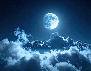 A serene night scene showcases a glowing, detailed moon above fluffy clouds against a dark blue, star-speckled sky