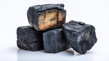Four dark gray/black cubic charcoal briquettes stacked