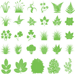 Green plant silhouettes, botanical foliage icons, nature leaf shapes, vector greenery set, eco design elements, garden clipart, flora illustration pack