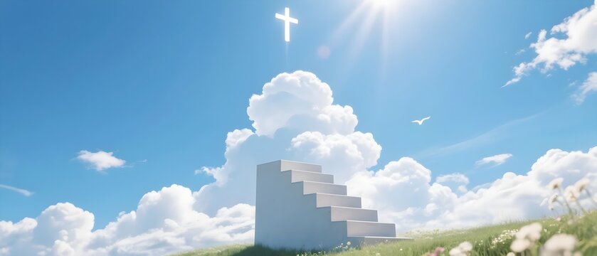 Steps to Heaven: Spiritual Journey Staircase Leading to Cross in Sunny Sky for Religious Website Background