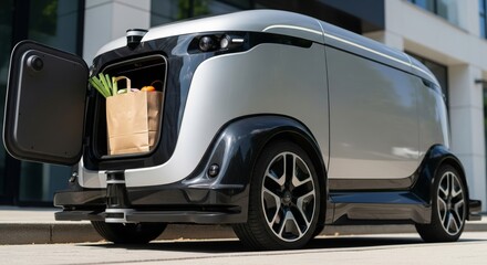 Autonomous Delivery Pod at Curb, Grocery Bag Reveal