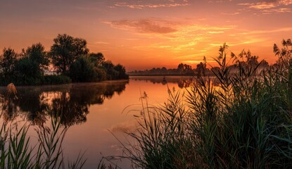Serene sunrise over calm lake water