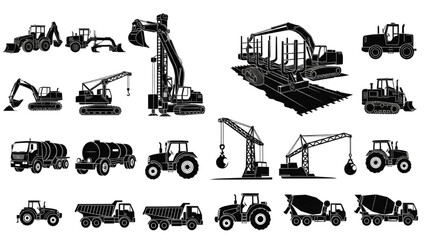 Black Silhouette Icon Set – Heavy Equipment, Construction, Farming, and Industrial Machines © Narmada