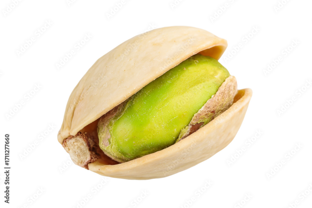 Poster close-up of opened pistachio nut with shell isolated on white background