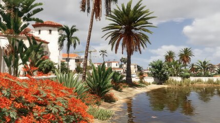 Sunny Mediterranean-style homes by a tranquil pond. Lush landscaping and palm trees