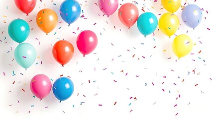 Colorful balloons and confetti float against a clean white background, creating a festive celebration atmosphere.