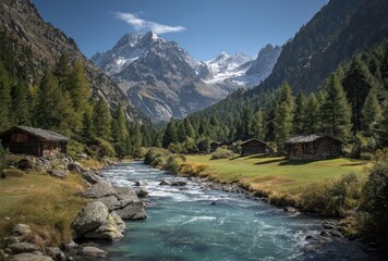 Alpine valley vista with a fast flowing stream and rocky, grassy banks leading to snow-capped mountains under a clear blue sky