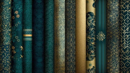 Collection of richly patterned textiles in deep green and gold hues displayed vertically.