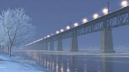 A winter scene of a bridge over a river.