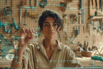 Young hispanic female engineer engaging with futuristic digital interface in workshop setting