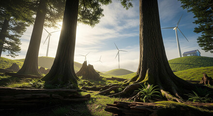 Obraz premium Stunning natural landscape showcases majestic trees and rolling green hills dotted with modern wind turbines and a solar-powered house creating a vision of sustainable living