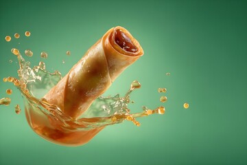 Crispy 3D Spring Roll: Hovering Against a Vibrant Jade-Green Background, Irresistibly Fresh.