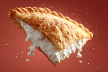 Delicious 3D Calzone Wedge: Floating Against a Rustic Brick-Red Background, Irresistibly Appetizing.