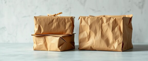 Rustic brown paper packages, bright flash highlights texture, cardboard, parcel