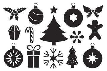Christmas symbols featuring tree, ornament, snowflake, gift, candy cane, bow, and gingerbread man in simple black silhouette style